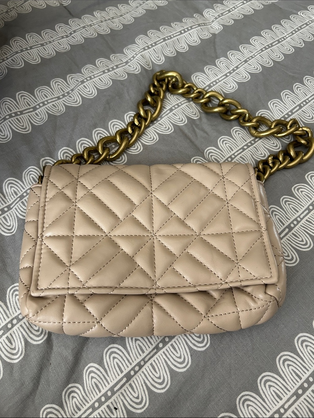 Zara Quilted Beige Chain Shoulder Bag - Women